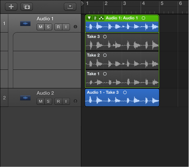 Figure. Showing the moved take on a new track.