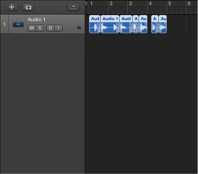 Figure. Showing the flattened take folder, with the resulting regions on an audio track.