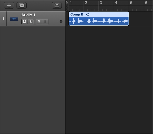 Figure. Showing the flattened take folder, with the resulting regions merged on an audio track.