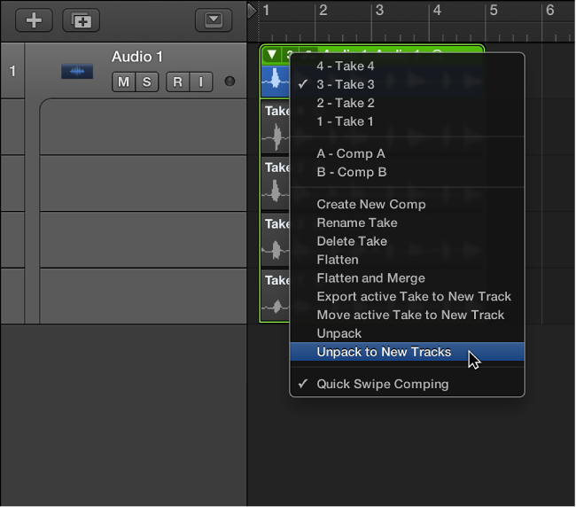 Figure. Choosing Unpack to New Tracks from the pop-up menu.