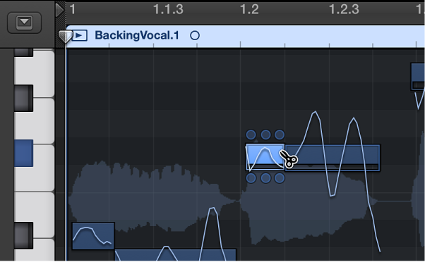 Figure. Cutting a note with the Scissors tool in the Audio Track Editor.