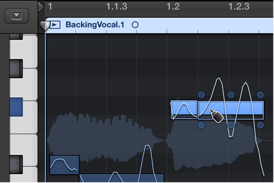 Figure. Merging two notes with the Glue tool in the Audio Track Editor.