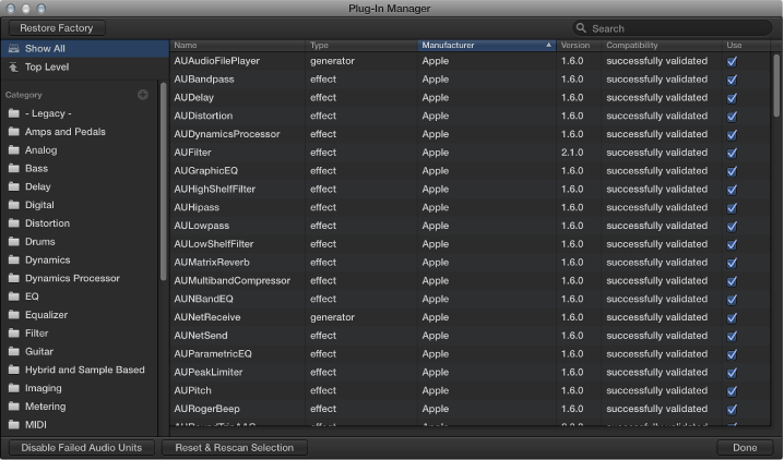 Figure. Audio Units Manager window.