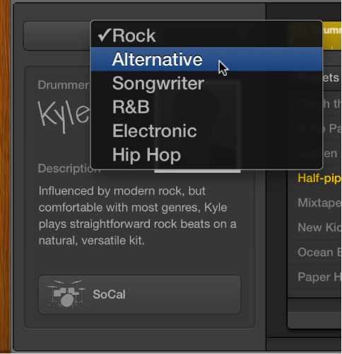 Figure. Drummer Editor showing genre pop-up menu.