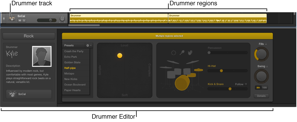 Figure. Shows a Drummer track containing Drummer regions, and the Drummer Editor.