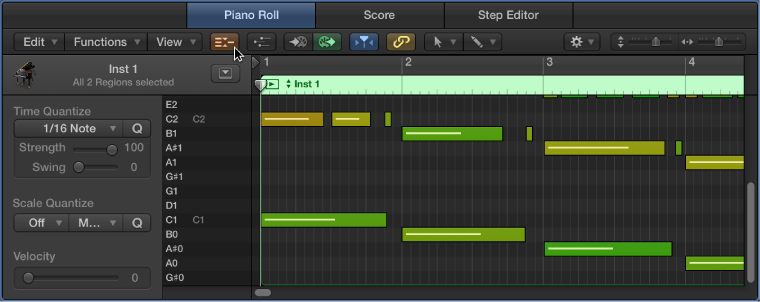 Figure. Piano Roll Editor, pointing out Collapse Mode button.