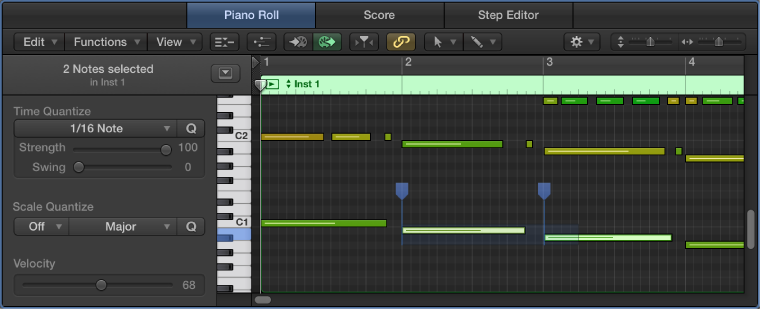 Figure. Piano Roll Editor, showing flex markers.