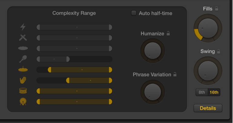 Figure. Humanize knob, Evolution knob, and Complexity Range sliders in the Drummer Editor.