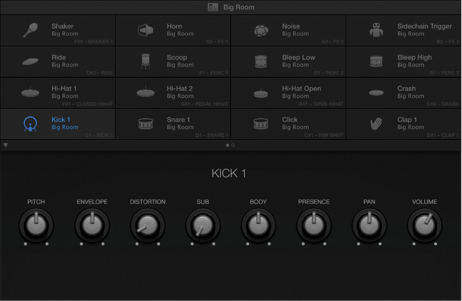 Figure. Drum Machine Designer showing Kick 1 smart controls.