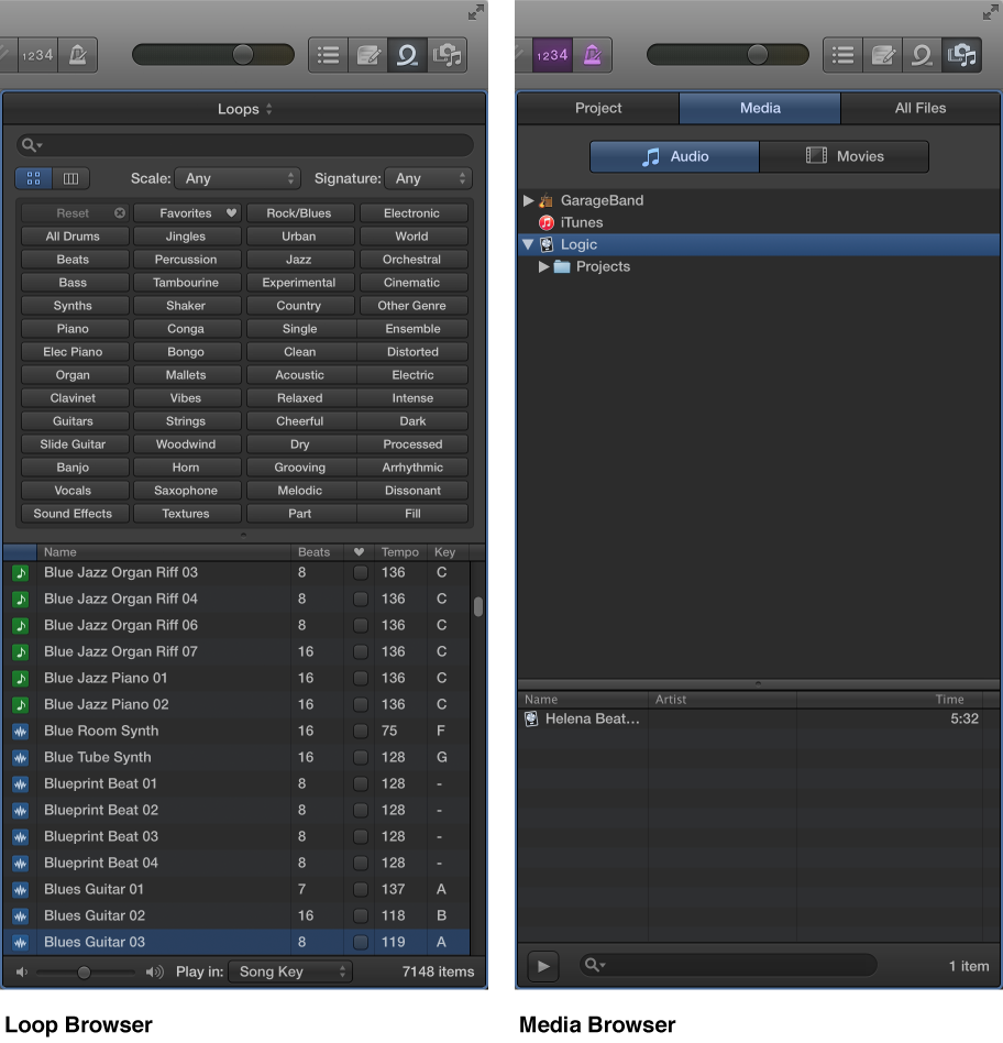 Figure. Loop Browser and Media Browser.