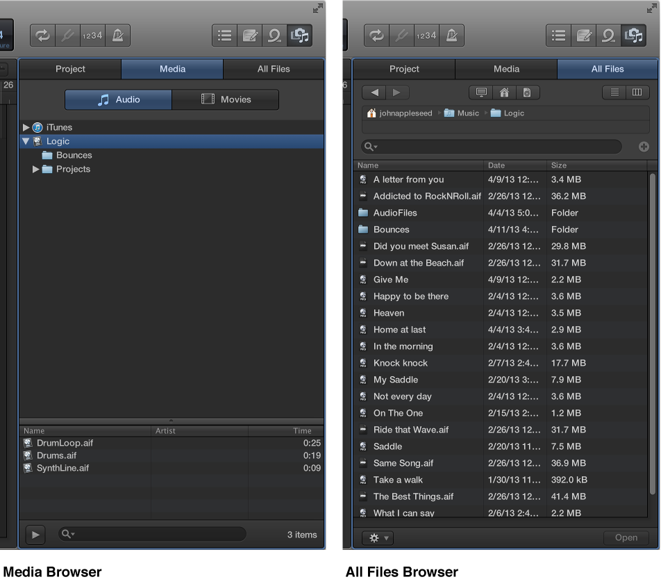 Figure. Media files in the Media Browser and All Files Browser.
