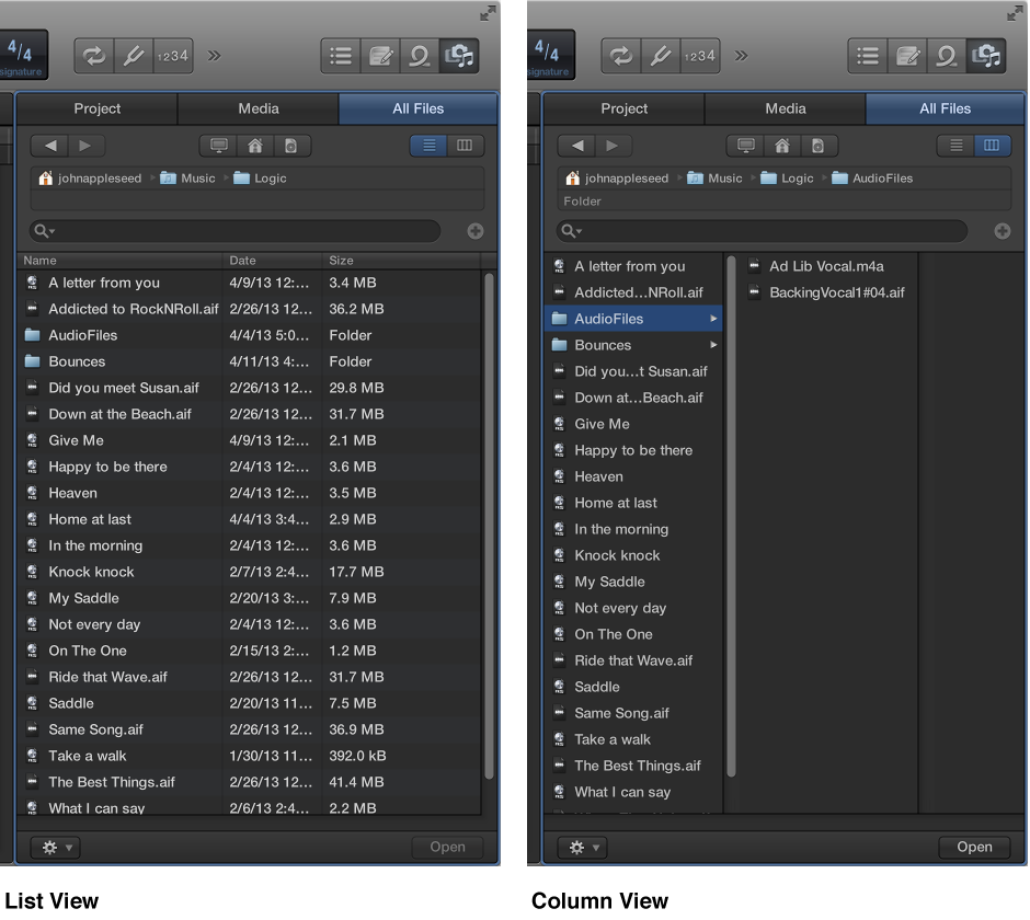 Figure. List view and Column view in the All Files Browser.