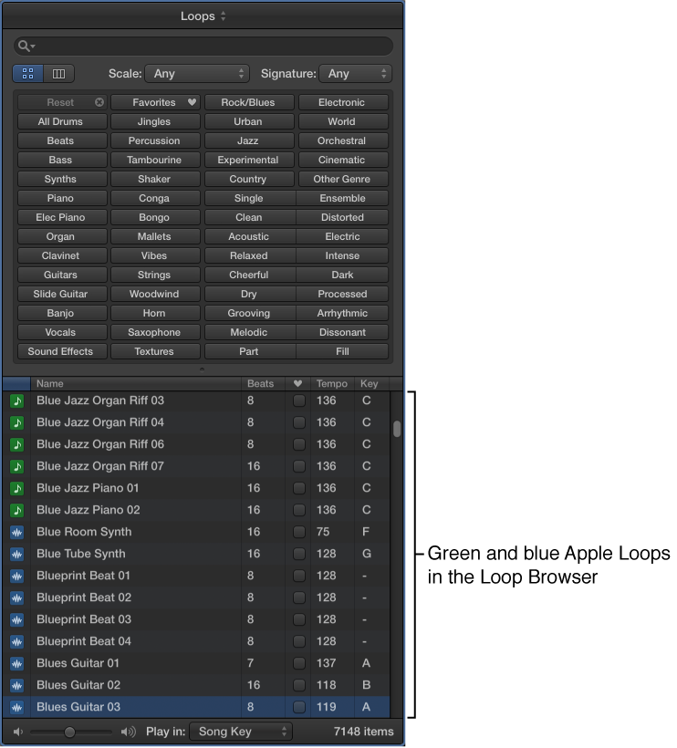 Figure. Loop Browser showing green and blue Apple Loops.