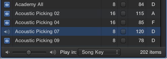 Figure. Volume slider and "Play in" pop-up menu in the Loop Browser.