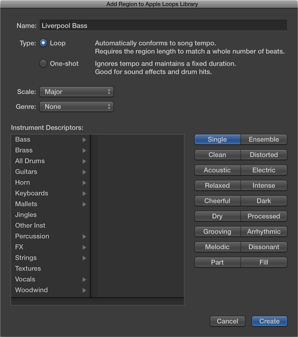Figure. Add Region to Apple Loops Library dialog.