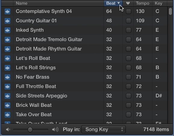 Figure. Column headers in the Loop Browser.