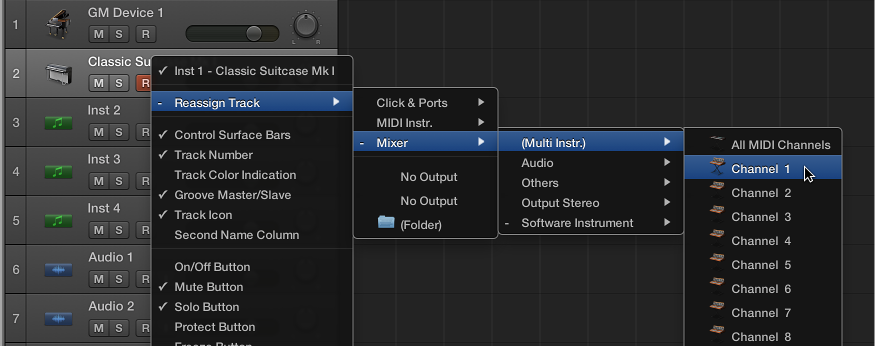 Figure. Browsing to the mapped instrument in the Reassign Track shortcut menu in the Tracks area.