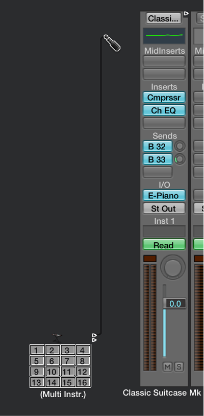 Figure. Cabling the mapped instrument to the software instrument channel strip in the Environment window.