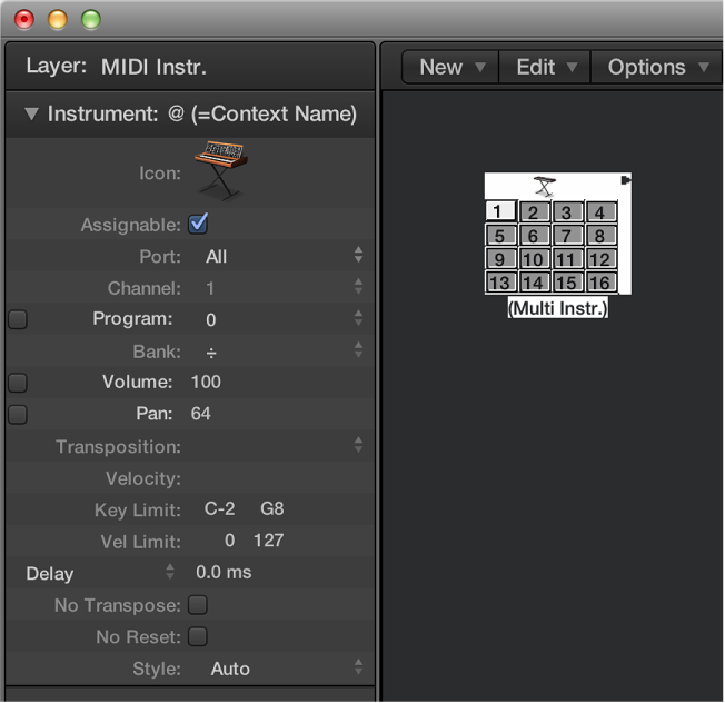 Figure. Environment window showing a multi-instrument object and its inspector.