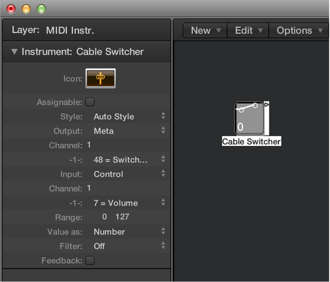 Figure. Environment window showing a cable switcher object and its inspector.