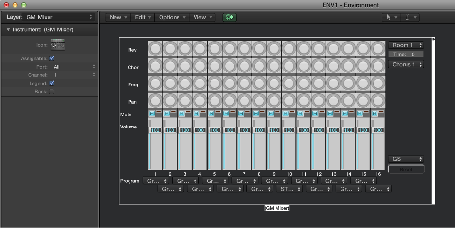 Figure. Environment window showing a GM mixer object and its inspector.