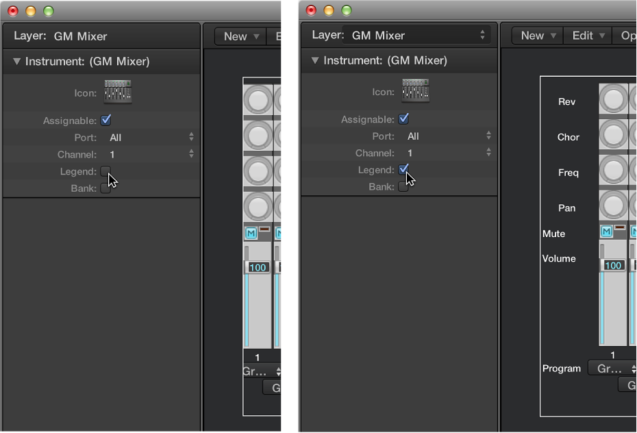 Figure. Showing the GM mixer Legend checkbox on and off.