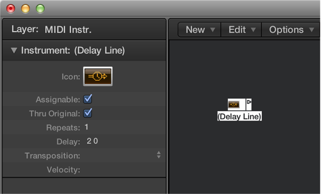 Figure. Environment window showing a delay line object and its inspector.