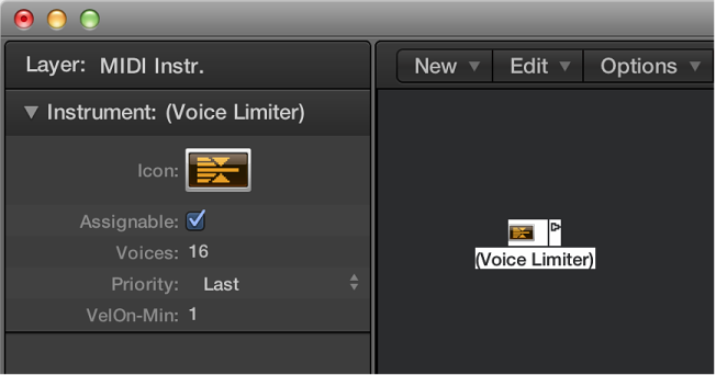 Figure. Environment window showing a voice limiter object and its inspector.