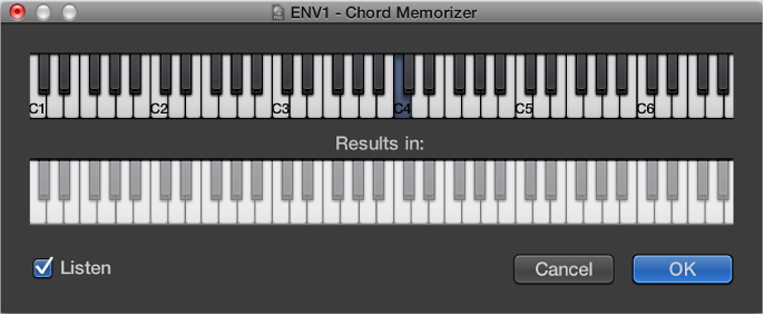 Figure. Chord Memorizer window showing Listen checkbox selected.