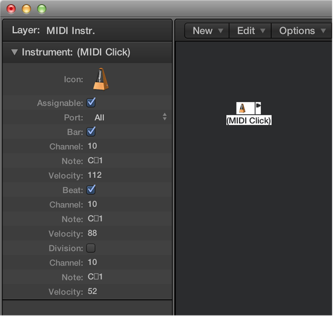 Figure. Environment window showing a MIDI click object and its inspector.