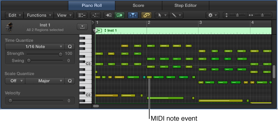 Figure. Piano Roll Editor, pointing out MIDI note event.