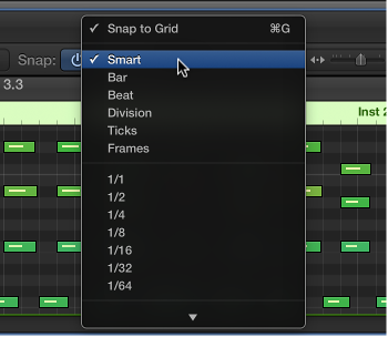 Figure. Snap pop-up menu in the Piano Roll Editor menu bar.