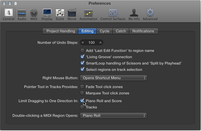 Figure. General Editing preferences indicating options to limit note movement dragging.