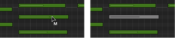 Figure. Piano Roll Editor showing note being muted with the Mute tool.