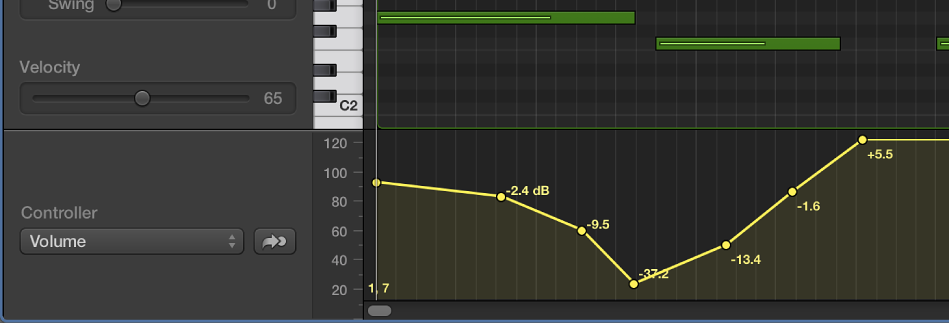 Figure. MIDI Draw area at bottom of Piano Roll Editor.