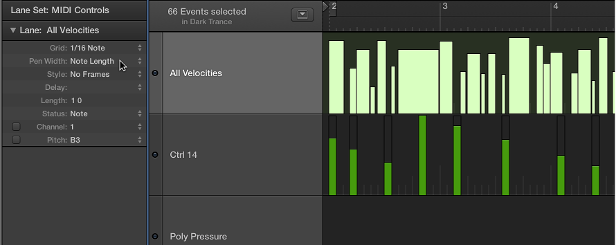 Figure. Showing Note Length chosen in Pen Width pop-up menu.