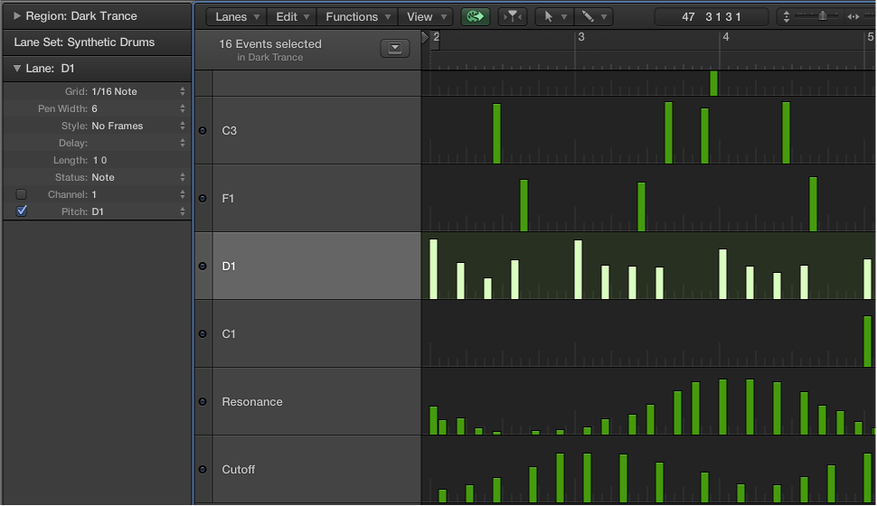 Figure. Step Editor showing note event lanes controlling single note pitches.
