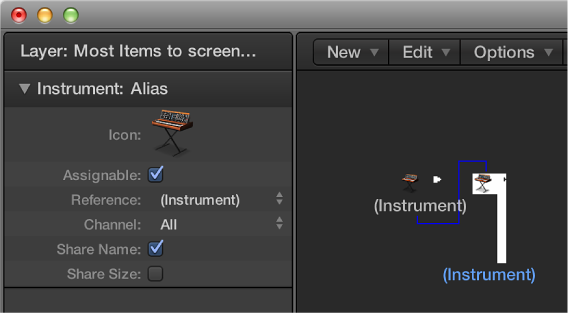 Figure. Environment window showing an alias object and its inspector.