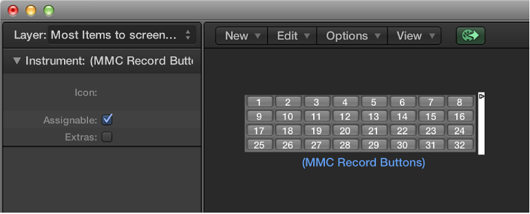 Figure. Environment window showing an MMC record buttons object and its inspector.