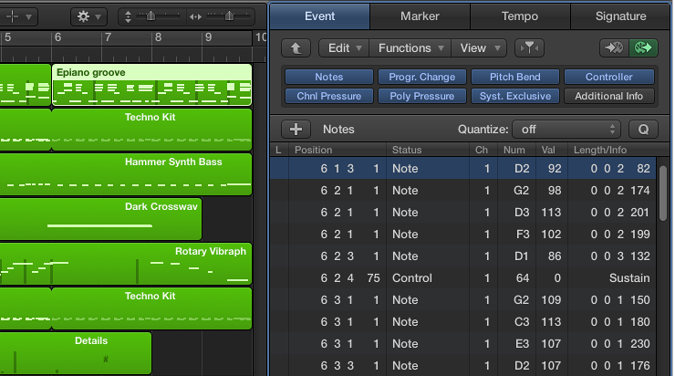 Figure. Event List tab showing all events in selected MIDI region.