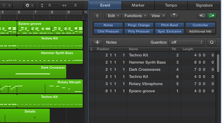 Figure. Event List tab showing all regions in Arrange window.