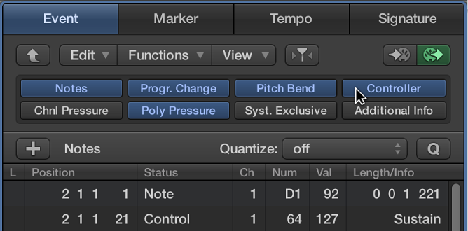 Figure. Event List tab showing event type buttons.