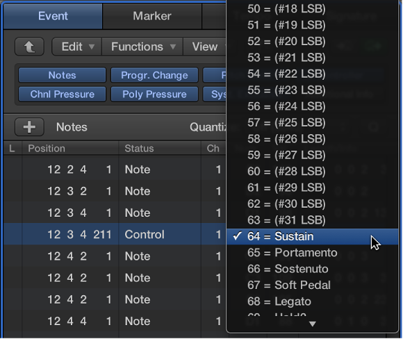 Figure. Event List pane showing MIDI controller type pop-up menu.