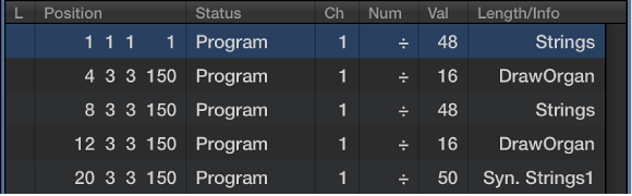 Figure. Event List showing program change events.