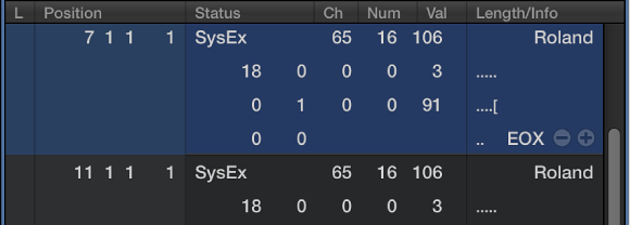 Figure. Event List showing sysex events.