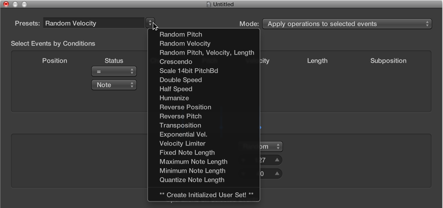Figure. Transform window showing the Presets menu.