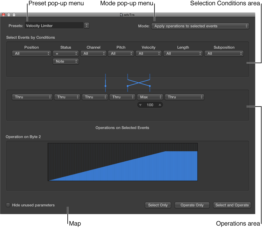 Figure. Pointing out the main parameters in the Transform window.