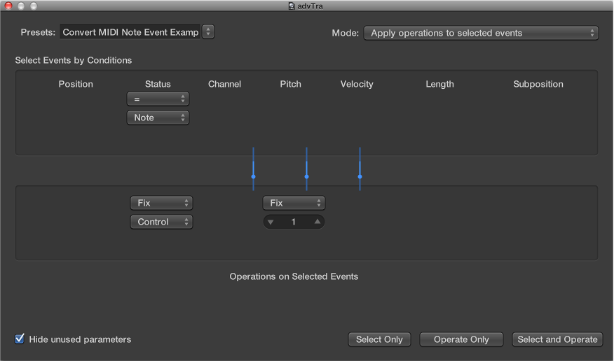 Figure. Transform window showing settings for converting MIDI note events to MIDI controller 1 events.
