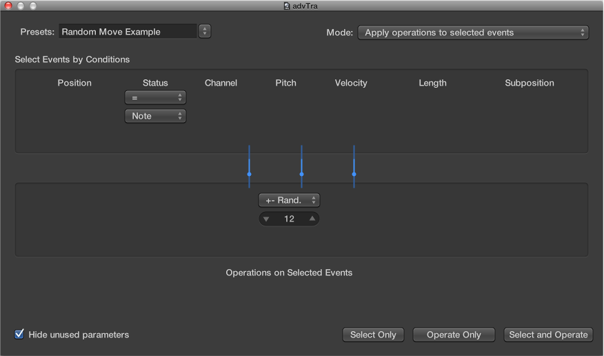 Figure. Transform window showing settings to randomly change the pitch of MIDI note events.
