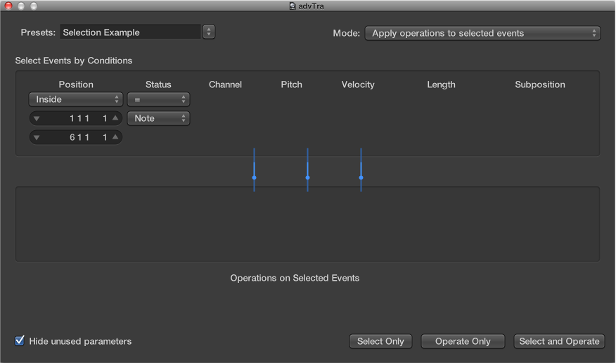 Figure. Transform window showing settings to make note selections for edit operations.